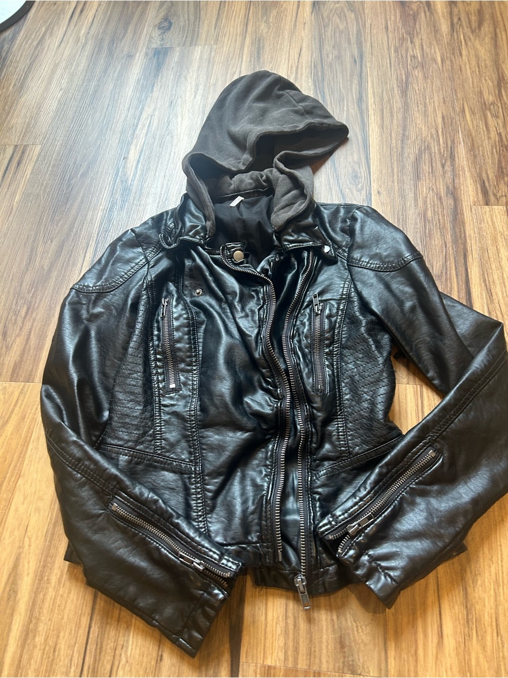 Free People Black Faux Leather Hooded Moto Jacket